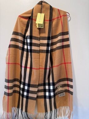 Burberry Camel Plaid Cashmere Scarf with Black, White and Red Accents